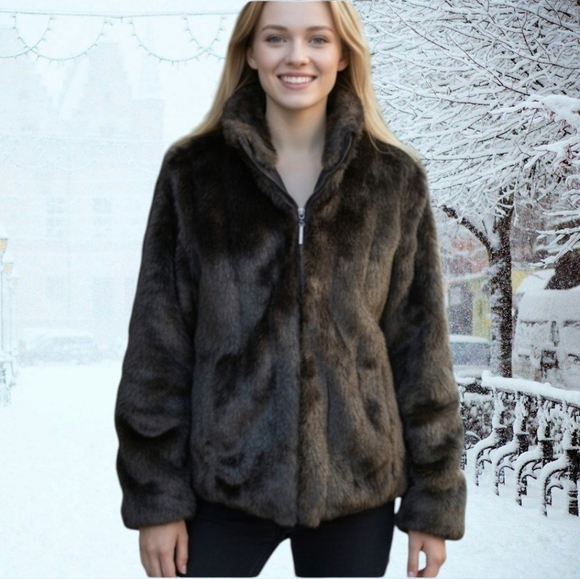 Vtg Faux Mink Fur Jacket Atelier reversible plush black Old Money warm zip  sz S - Picture 11 of 11
